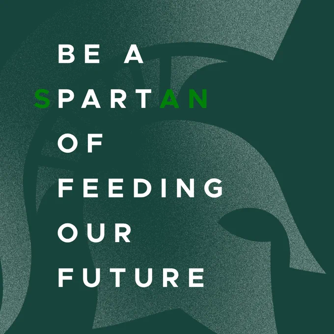 Dark green graphic with faded white spartan helmet in the background. White text over the helmet reads "Be a part of Feeding our Future." 