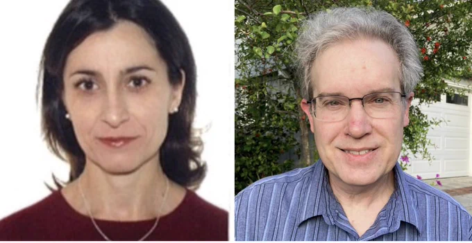 This is a composite image of two headshots: on the left is a headshot of Roberta Paladini, a white woman with short, dark hair wearing a chain necklace, white pearl earrings and a burgundy shirt; on the right is Harry Teplitz, a white man with short, gray and black hair and wearing eye glasses and a striped, indigo shirt. 