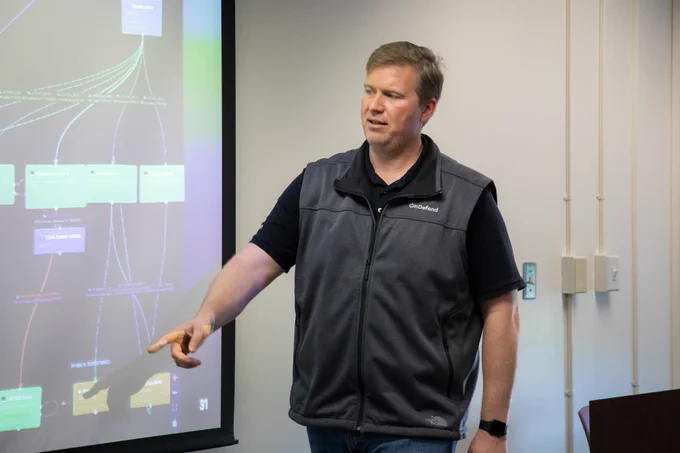 Ben Finke presents in front of a projected powerpoint.