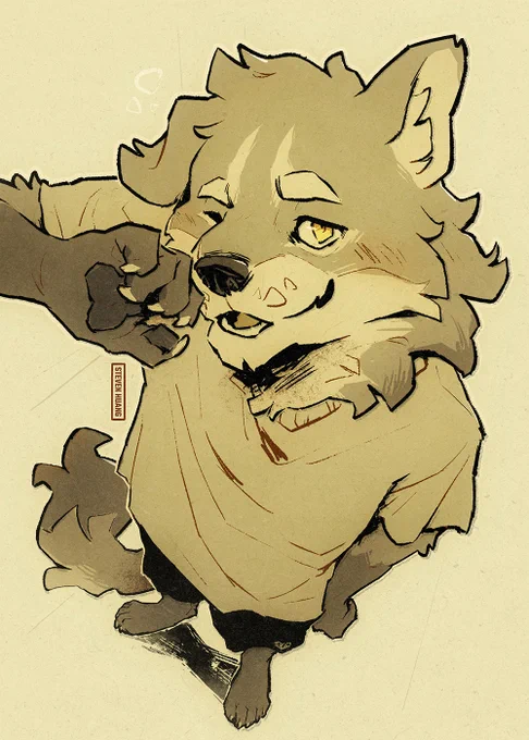 An anthropomorphic wolf waking up from a nap.