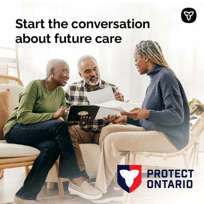 A family in conversation. Image Text: Start the conversation about future care.