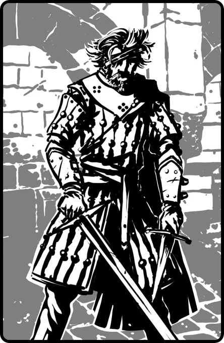Black and white sketch of a grizzled, one-eyed veteran warrior. He has a bandaged eye, messy hair, and wears a gambeson with leather studs and a metal gorget. He holds a sword and a large dagger, standing in a threatening pose inside a crypt. Dark fantasy art