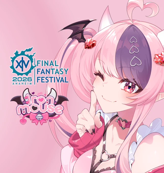 A banner introducing VTuber Ironmouse as a special guest at Final Fantasy 14 Fan Festival 2026 in Anaheim. In the background, is Ironmouse's VTuber with light pastel pink hair with purple highlights smiling while winking and making a friendly hand gesture pointing to her cheek. The Final Fantasy 14 Fan Festival 2026 in Anaheim logo sits to the left above the Ironmouse logo.