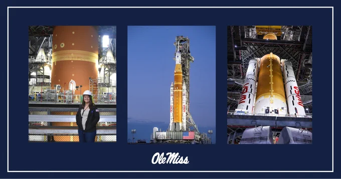 The image features three photographs of a NASA rocket. The first shows the rocket in an assembly building with a person wearing a hard hat in the foreground. The second displays the rocket on a launch pad at dusk, and the third provides a close-up view from the bottom of the rocket, highlighting its engines. The background includes "Ole Miss" text at the bottom.
