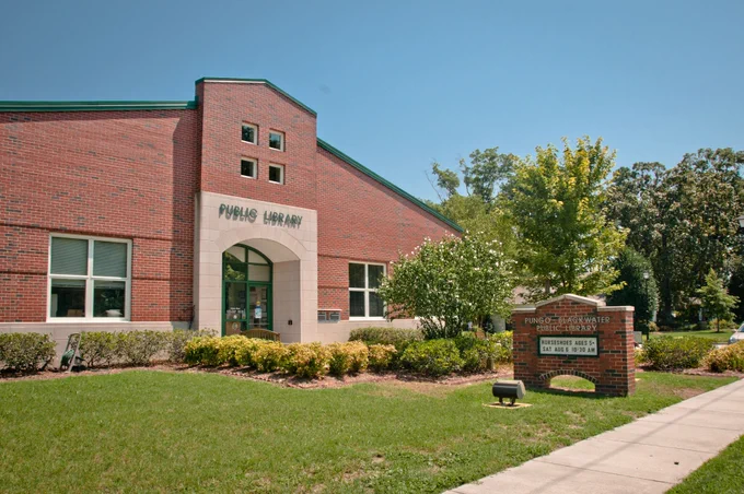 Pungo Library with the words "Public Library" above the entrance. The surrounding area features neatly trimmed grass, trees, and a clear blue sky.