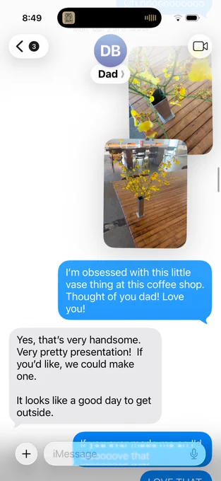 A text exchange between me and my dad where I sent him a photo of a vase I saw at a coffee shop and he said he would make me one