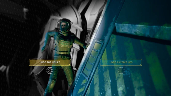 An astronaut in a space suit stands in a dimly lit spaceship interior, facing a decision point. Two options are displayed: "Lose the Vault" and "Lose Rayen's Leg."