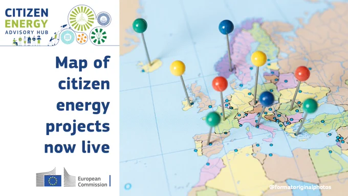 Map of Europe with pins on different locations, on the left text reads: Map of citizen energy projects now live. Citizen Energy Advisory Hub.