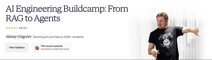 AI Engineering Buildcamp offering a course led by Alexey Grigorev, focusing on teaching AI and data to students.