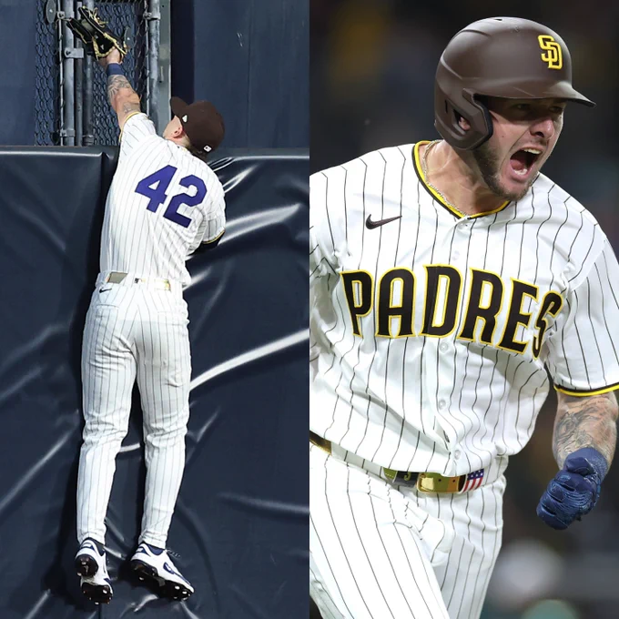 Left, Jackson Merrill robs a home run Wednesday night at Petco Park. Right, Jackson Merrill screams after hitting a walk-off double Wednesday night. He wears a white San Diego Padres uniform with brown lettering, yellow trim and a blue 42 on the back.