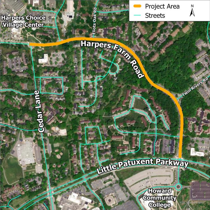 This is a map showing the area of Harpers Farm road being evaluated which includes the stretch between Little Patuxent Parkways and Cedar Lane.
