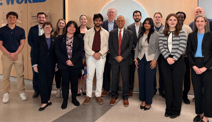 President Tripathi joins UB students who are recipients of a 2026 SUNY Chancellor's Award for Student Excellence for a group photo. 