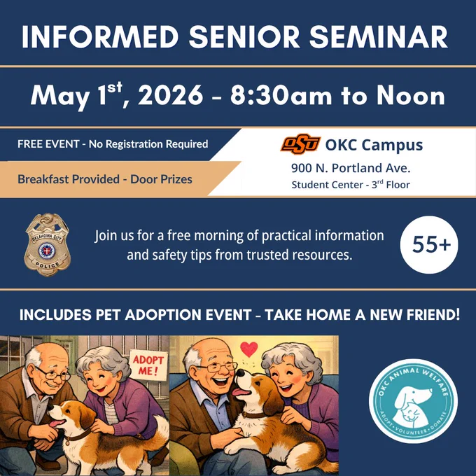 Flyer about senior seminar at OSU-OKC with two cartoon-style images of an elderly couple with a dog.