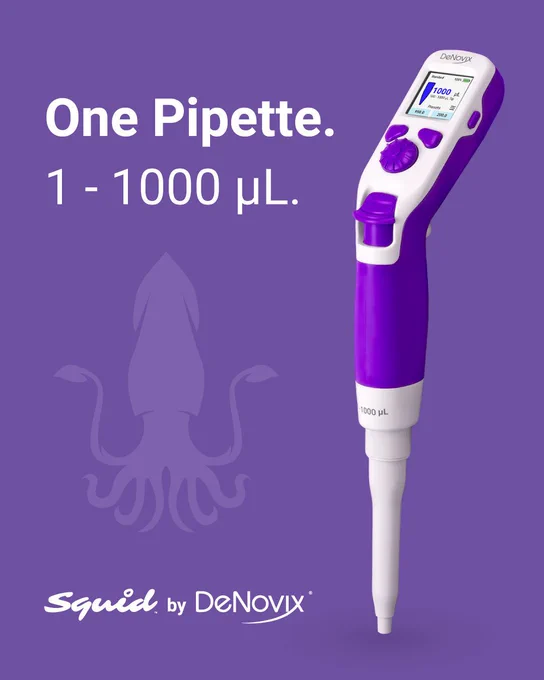 One Pipette. 1 - 1000 µL. Squid by DeNovix.