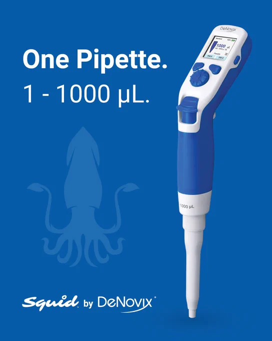 One Pipette. 1 - 1000 µL. Squid by DeNovix.