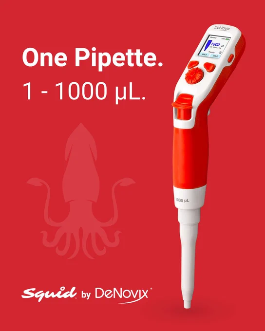 One Pipette. 1 - 1000 µL. Squid by DeNovix.