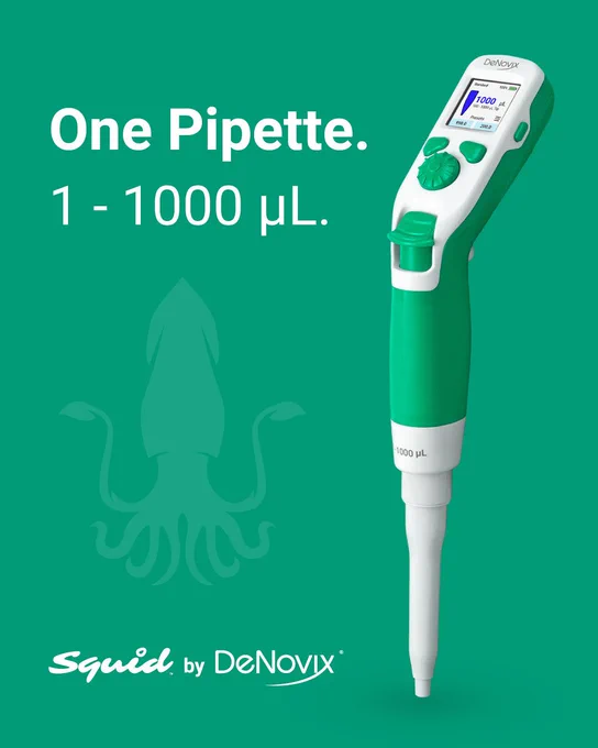 One Pipette. 1 - 1000 µL. Squid by DeNovix.