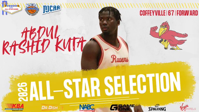2026 NJCAA All-Star selection: Abdul Rashid Kuta, Coffeyville 6'7" forward, featured in Ravens uniform with team logo.