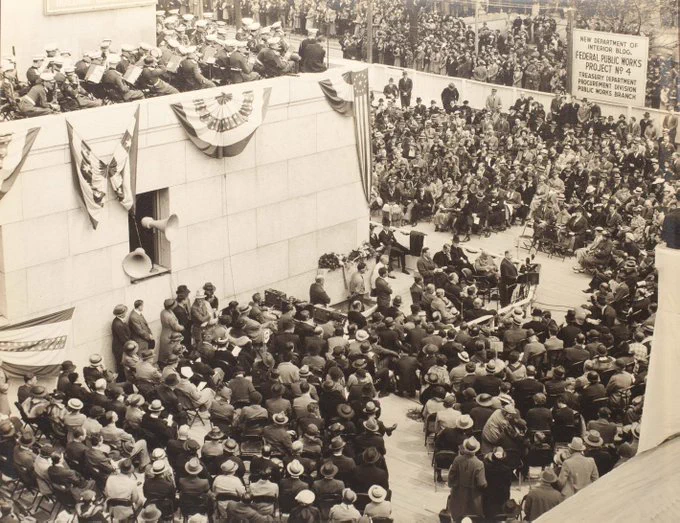 Black and white aerial image of a large crowd attending a cornerstone-laying ceremony in Washington, DC, on April 16, 1936. (INTR 07449)