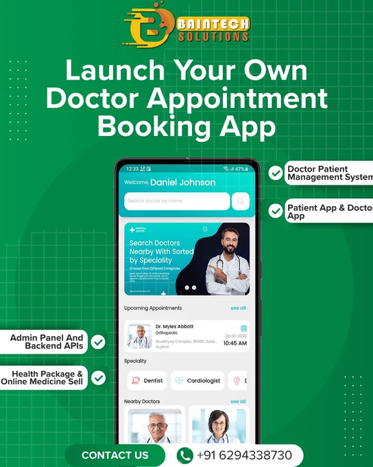 Transform the way healthcare connects with patients through a powerful, all-in-one solution designed for hospitals, doctors, and patients.

For Hospitals & Clinics
• Manage multiple doctors & departments effortlessly
• Real-time appointment scheduling
• Secure patient records & reporting

For Doctors
• Easy availability management
• Appointment tracking & reminders
• Seamless communication with patients

For Patients
• Book appointments anytime, anywhere
• Instant confirmations & notifications
• Access medical history in one place

💡 Scalable • Secure • User-Friendly
Perfect for startups, clinics, and healthcare enterprises looking to go digital!

#DoctorApp #HealthcareTechnology #AppointmentBooking #DigitalHealth #HealthTechStartup #HospitalManagement #DoctorBookingApp #PatientCare #MobileAppDevelopment #StartupIndia #Telemedicine #HealthcareInnovation #AppLaunch #TechForHealth #Baintechsolutions #Baintech