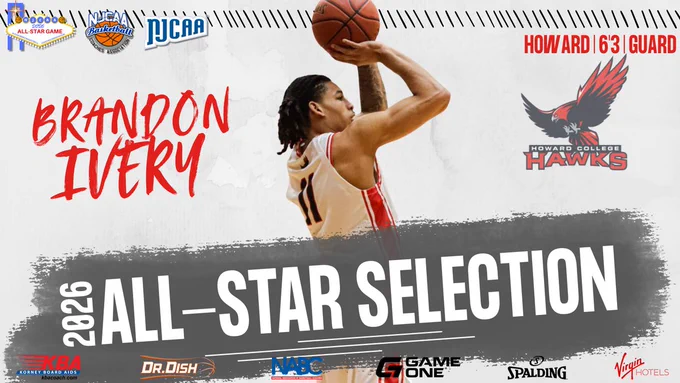 This graphic highlights Brandon Ivery, a 6'3" guard from Howard College, as a 2026 NJCAA All-Star selection. He’s shown mid-jump shot in a Howard Hawks uniform, with the team logo displayed on the right.
