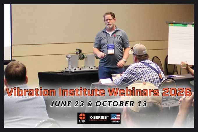 Terry Southall speaking during a presentation, with overlaid text announcing Vibration Institute webinars in 2026 on June 23 and October 13.