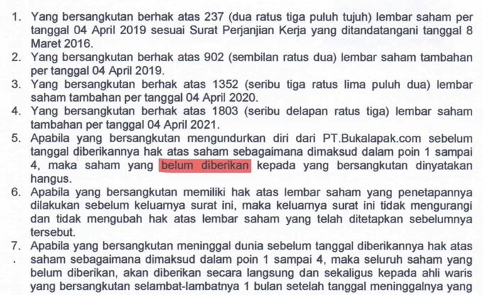 Tangkapan layar dokumen saham Ibrahim Arief yang dimaksud oleh JPU dalam sidang tuntutan, dimana terdapat klausul "saham yang belum diberikan" saja yang dinyatakan hangus. Padahal poin 1 dan 2 sendiri sudah menyatakan ada hak saham yang sudah diberikan pada 4 April 2019, sebelum Ibrahim Arief resign dari Bukalapak.