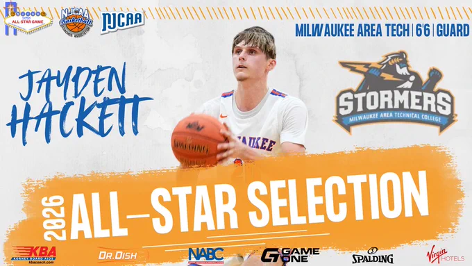 Jayden Hackett named 2026 NJCAA All-Star selection, Milwaukee Area Tech 6'6" guard, shown in action.
