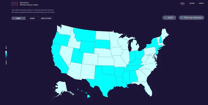 Multicolored blue map of the United States reflecting EPI indicators. 