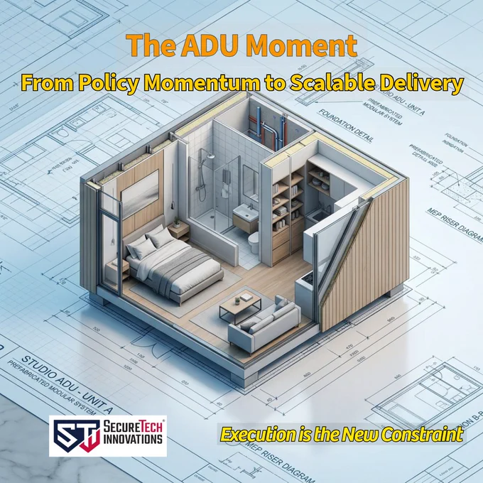 The image presents an isometric architectural visualization of a compact accessory dwelling unit (ADU) positioned atop technical blueprints. The ADU is shown in a partially cutaway view, revealing an efficient interior layout with a sleeping area, bathroom, kitchenette, and small living space within a minimal footprint. 

The structure features modern materials such as light wood paneling, glass, and matte finishes, reflecting a modular, prefabricated approach. The blueprint base includes grid lines, measurements, and annotated elements, reinforcing the connection between planning and execution. 

Overlay text reads “The ADU Moment” and “From Policy Momentum to Scalable Delivery.” The tagline “Execution is the New Constraint” highlights the shift toward scalable implementation, while the SecureTech Innovations logo appears in the lower left. 

The composition emphasizes precision engineering, modular design, and scalable housing delivery. 