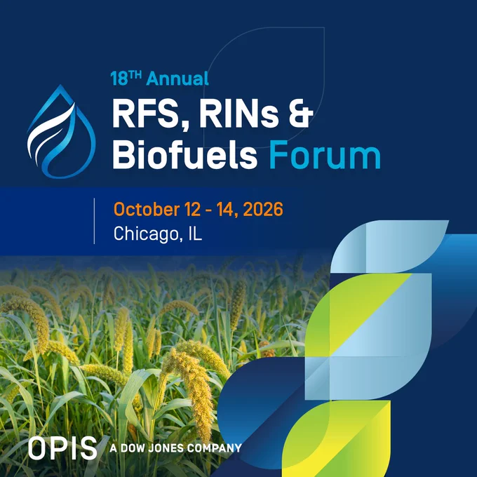 The image is a promotional graphic for the 18th Annual RFS, RINs & Biofuels Forum, which is scheduled for October 12-14, 2026, in Chicago, IL. The design includes a stylized leaf and water droplet logo, with an agricultural field in the background. The text mentions OPIS, a Dow Jones company.