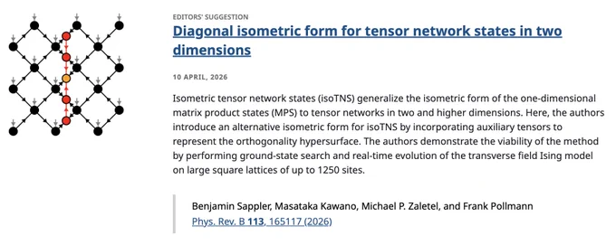 EDITORS' SUGGESTION
Diagonal isometric form for tensor network states in two dimensions
10 April, 2026
Isometric tensor network states (isoTNS) generalize the isometric form of the one-dimensional matrix product states (MPS) to tensor networks in two and higher dimensions. Here, the authors introduce an alternative isometric form for isoTNS by incorporating auxiliary tensors to represent the orthogonality hypersurface. The authors demonstrate the viability of the method by performing ground-state search and real-time evolution of the transverse field Ising model on large square lattices of up to 1250 sites.

Benjamin Sappler, Masataka Kawano, Michael P. Zaletel, and Frank Pollmann
Phys. Rev. B 113, 165117 (2026)