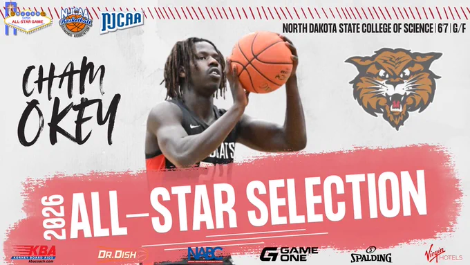 Cham Okey named 2026 NJCAA All-Star selection, North Dakota SCS 6'7" guard-forward, shown in action.
