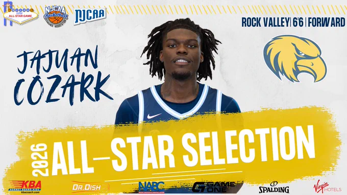 Jajuan Cozark named 2026 NJCAA All-Star selection, Rock Valley 6'6" forward, with portrait and event branding.
