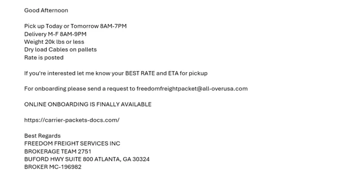 Email content sent after responding to a fraudulent load posted on a load board. 