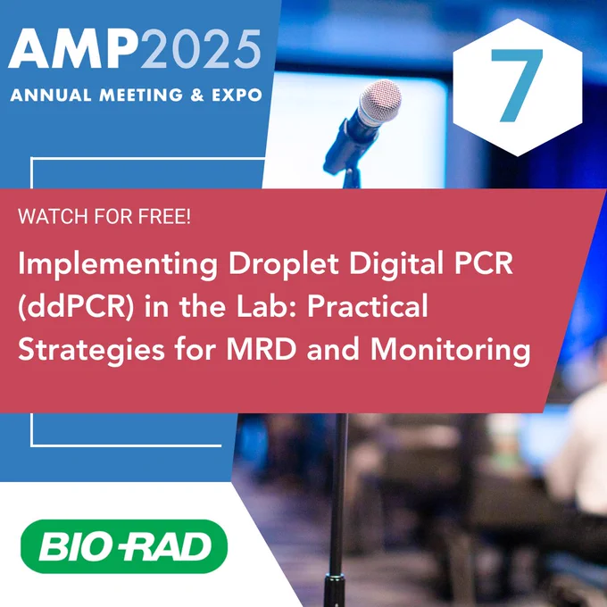Microphone on stand in a conference room promoting a free session on droplet digital PCR for MRD monitoring at AMP 2025 Annual Meeting.