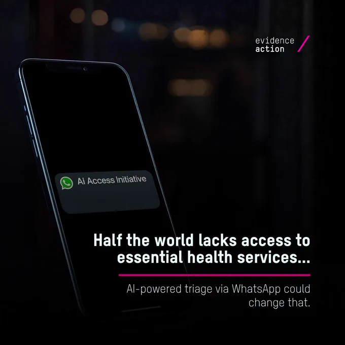 Smartphone screen showing 'AI Access Initiative' on WhatsApp against a dark background with text about global health service gaps and AI triage.