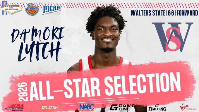 Da’Mori Lyttle named 2026 NJCAA All-Star selection, Walters State 6'6" forward, with portrait and event branding.
