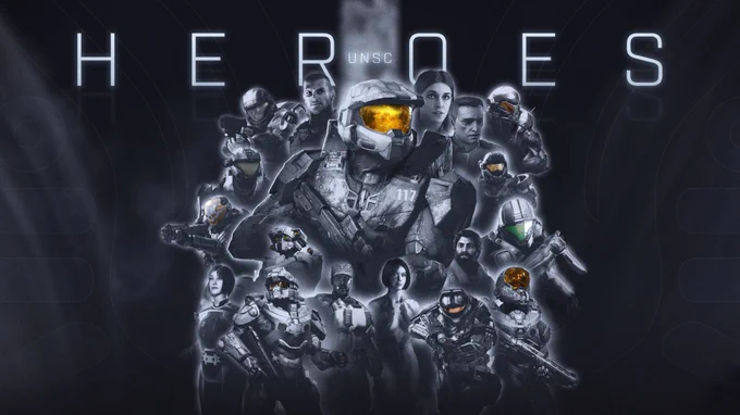 A collage of characters from the Halo franchise, with the word HEROES at the top 