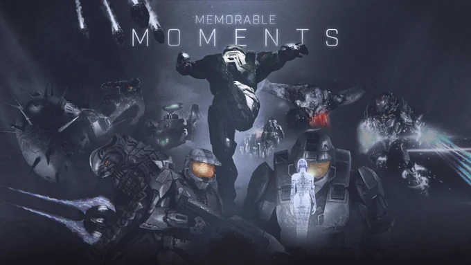 A collage of characters and moments from the Halo franchise, with the title "Memorable Moments" at the top