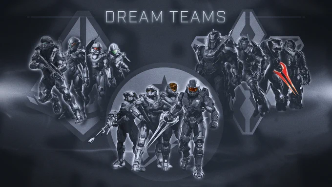 A collage of notable teams from the Halo franchise, with the title "Dream Teams" at the top