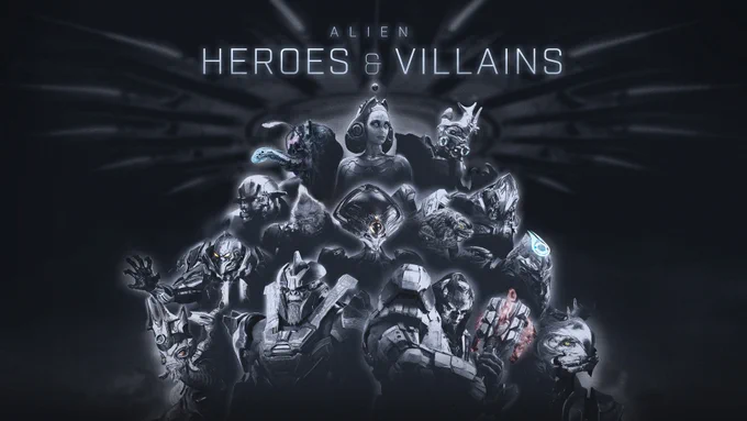 A collage of alien characters from the Halo franchise, with the words Alien Heroes and Villains at the top