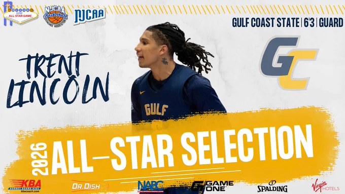 Trent Lincoln named 2026 NJCAA All-Star selection, Gulf Coast State 6'3" guard, with action portrait and event branding.
