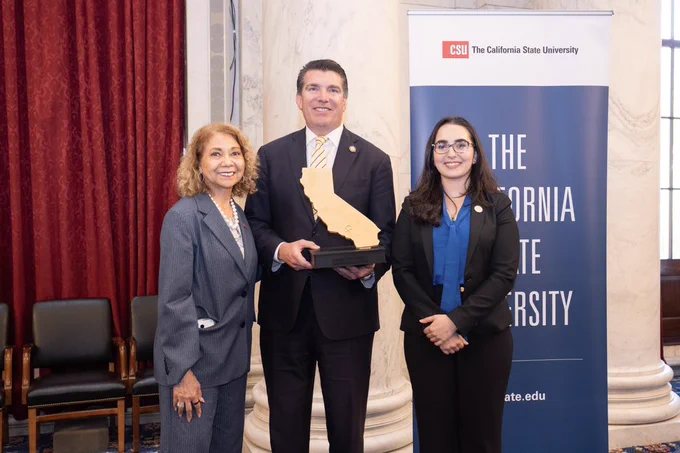 Chancellor Garcia posing with Rep. Obernolte and CSSA President Tara Al-Rehani.