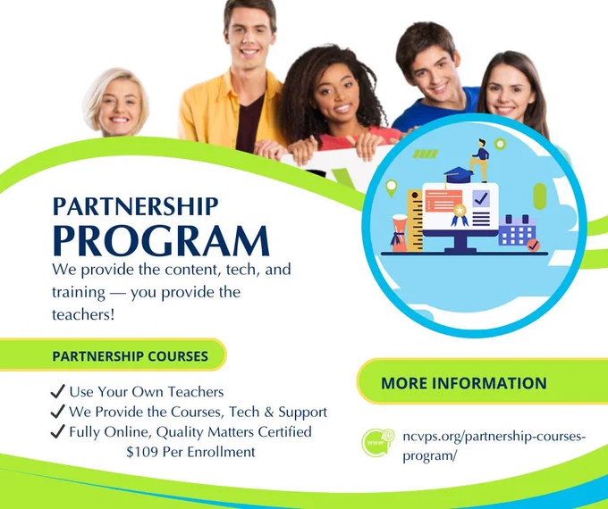 Promotional graphic for a Partnership Program featuring smiling students, text detailing online course offerings, and an icon representing digital learning tools.