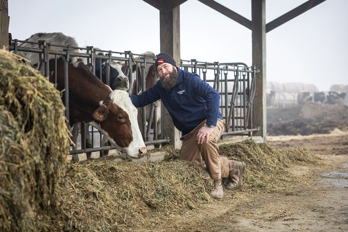 Man kneeling in hay next to a cow in a corral.