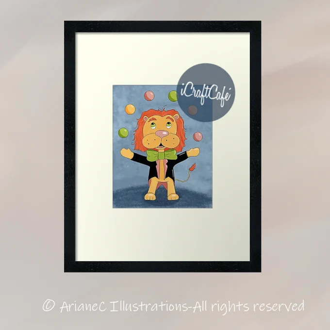 Circus juggling lion nursery room framed art print