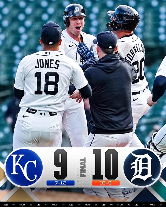 Final Score Graphic, 4/16/26
Kansas City Royals 9 (7-12), Detroit Tigers 10 (10-9)
Pictured: Detroit Tigers players surround Colt Keith after his walk-off hit in Thursday's game. They are wearing white Detroit Tigers jerseys.