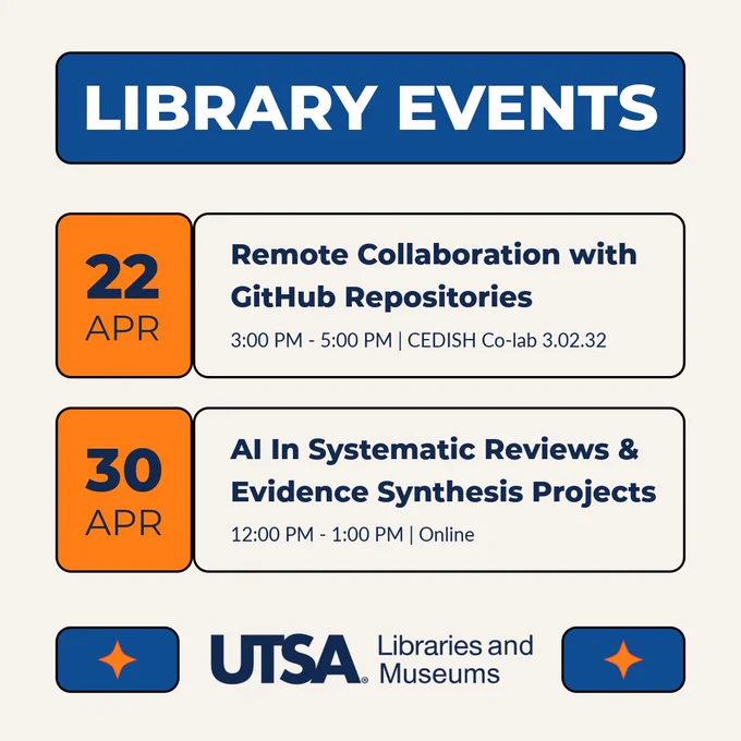 library events flyer with two UTSA workshops on April 22 (GitHub collaboration) and April 30 (AI in research), with times and location listed.