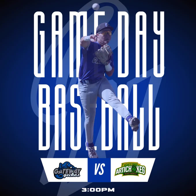 The image features a dynamic composition that highlights a baseball player in action, prominently displayed against a blue background. The player, wearing a blue uniform and cap, is captured mid-pitch with an intense focus. The caption "GAME DAY BASEBALL" is overlaid in tall, bold white letters, taking up most of the image. At the bottom, there is a graphic showing a matchup between two teams: the "Gateway Geckos" with a logo of a gecko, and the "Fighting Artichokes Scottsdale" with an artichoke logo. The time "3:00PM" is displayed below the team matchup.